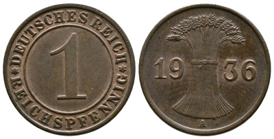 Германия 1 рейхспфенниг 1936 A KM 37, J. 313 бронза 220-149
