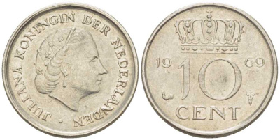 Нидерланды 10 центов 1969 Юлиана (1948-1980) KM 182 никель 214-1235