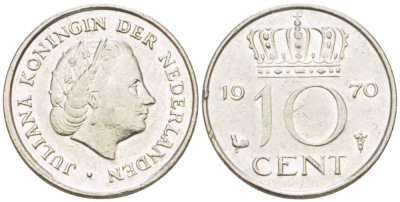 Нидерланды 10 центов 1970 Юлиана (1948-1980) KM 182 никель 214-1248