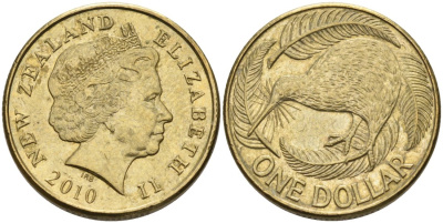 Новая Зеландия 1 доллар 2010 Елизавета II (1952-2022), птица киви  KM 120 алюминиевая бронза 61-837