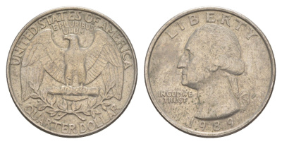 США 25 центов = квотер = 1/4 доллара 1989 P, Джордж Вашингтон KM 164a медь плакированная медно-никелем 4652-451