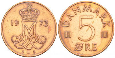 Дания 5 эре 1973 S; B, Маргрете II (1972- ) KM 859.1 железо плакированное медью 4547-1017