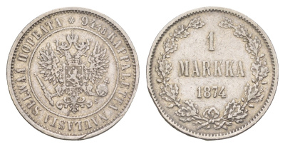 Россия Для Финляндии 1 марка 1874 S, Александр II (1854-1881) Биткин 631 серебро 1520-811