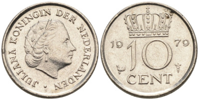 Нидерланды 10 центов 1979 Юлиана (1949-1980) КМ 182 никель 4567-558