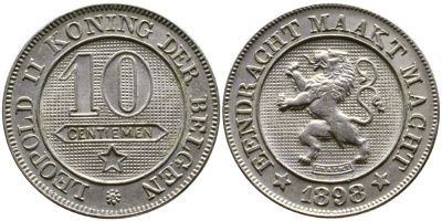 БЕЛЬГИЯ 10 САНТИМОВ 1898 BELGEN KM медно-никель UNC 87-817