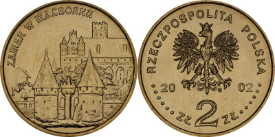 Польша 2 злотых 2002 MW, замок Тевтонского ордена в Мальборке KM 443 нордик UNC 4526-1134