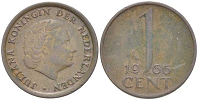 НИДЕРЛАНДЫ 1 ЦЕНТ 1966 ЮЛИАНА (1948-1980) KM 180 бронза 214-1032