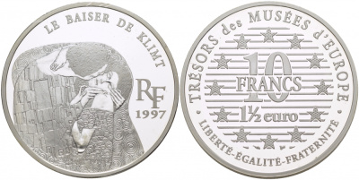 Франция 10 франков = 1 1/2 евро 1997 серия сокровища музеев Европы, “Поцелуй” Климта KM 1299 серебро PROOF 1068-4-61