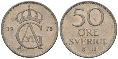 Швеция 50 эре 1973 U, Густав VI Адольф (1950-1973) KM 837 медно-никель 4621-337