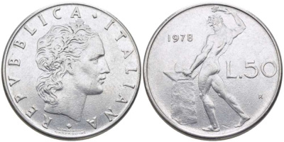 Италия 50 лир 1978 R, бог огня Вулкан у наковальни KM 95.1 нержавеющая сталь 34-917