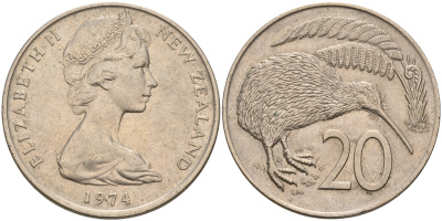 Новая Зеландия 20 центов 1974 Елизавета II (1952-2022), птичка киви KM 36.1 медно-никель  4599-1014