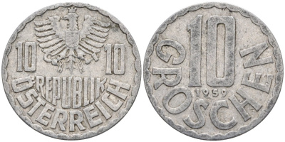 Австрия 10 грошей 1959 КМ 2878 алюминий 4573-232
