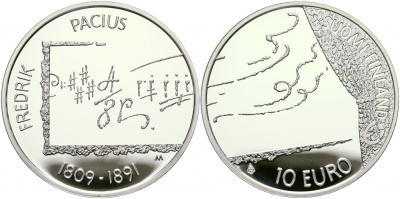 Финляндия 10 евро 2009 Фредрик Пациус, композитор KM 148 серебро  PROOF 11-226-33