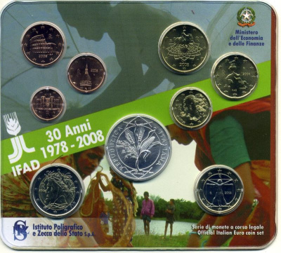 Италия набор из 9 монет с 5 евро 2008 30 лет со дня основания IFAD серебро, биметалл UNC 7-5-2-27