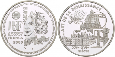 Франция 1 евро = 6,55957 франков 2000 архитектура Ренессанса (XV-XVI веков) KM 1225 серебро PROOF 11-178-11