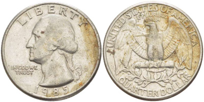 США 25 ЦЕНТОВ = КВОТЕР 1985 ВАШИНГТОН KM А164а медь плакированная медно-никелем 216-1055