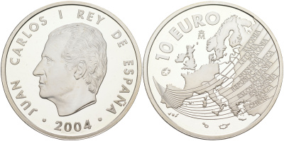Испания 10 евро 2004 M, расширение Евросоюза, карта Европы KM 1099 серебро PROOF 11-203-25