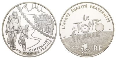Франция 1 1/2 евро 2003 100 лет велогонкам Тур де Франс, два велосипедиста, в оригинальной коробке, сертификат KM 1323 серебро  PROOF  1-6-4-61