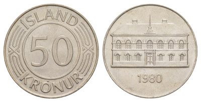 Исландия 50 крон 1980 здание парламента в Рейкьявике KM 19 медно-никель UNC 4645-443