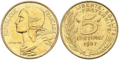 Франция 5 сантимов 1987 тип Marianne KM 933, Le Franc 125.23 медь алюминий никель 4115-526