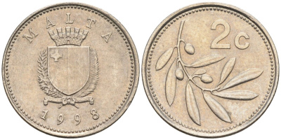 Мальта 2 цента 1998 оливковая ветвь KM 94 медно-никель 218-1219