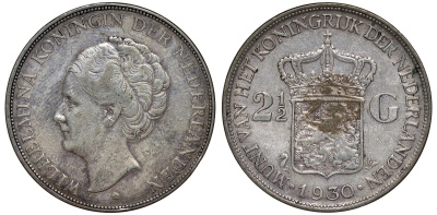 Нидерланды 2 1/2 гульдена 1930 Вильгельмина I (1890-1948) KM 165 серебро 1530-1035