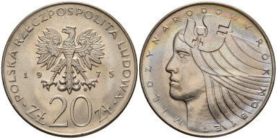 Польша 20 злотых 1975 MW, Международный год женщины KM 75, Parchimowicz 248 медно-никель UNC 81-311