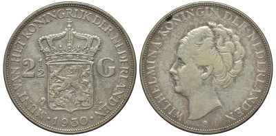Нидерланды 2 1/2 гульдена 1930 Вильгельмина I (1890-1948) KM 165 серебро 443-624
