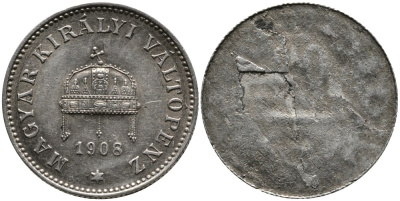 Венгрия 20 филлеров 1908 КВ, Франц Иосиф I (1848-1916), редкий односторонний брак KM 483 никель 1519-1333