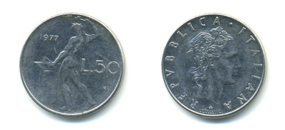 ИТАЛИЯ 50 ЛИР 1977 R, БОГ ОГНЯ ВУЛКАН У НАКОВАЛЬНИ KM 95.1 нержавеющая сталь 3999-1252