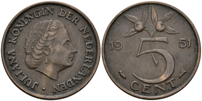 НИДЕРЛАНДЫ 5 ЦЕНТОВ 1951 ЮЛИАНА KM 181 бронза 95-244