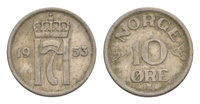 Норвегия 10 эре 1953 Хокон VII (1905-1957) KM 396 медно-никель 4632-1141