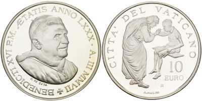 Ватикан 10 евро 2007 Бенедикт XVI, Всемирный день миссионера, в оригинальной коробке, с сертификатом KM 401 серебро PROOF 1-4-6-14