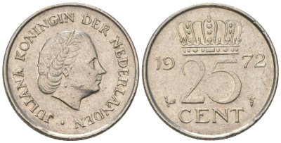 Нидерланды 25 центов 1972 Юлиана (1948-1980) KM 183 никель 4564-1127