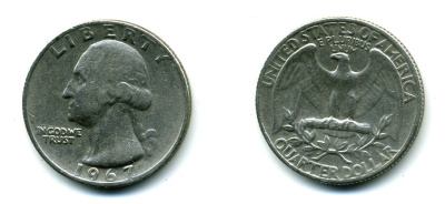 США 25 центов (квотер) 1967 Вашингтон KM 164a медь плакированная медно-никелем 72-621