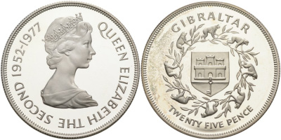 Гибралтар 25 пенсов 1977 25 лет правления Елизаветы II (1952-1977) KM 10a серебро PROOF 00-00