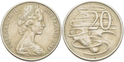 Австралия 20 центов 1968 Елизавета II (1952-2022), утконос KM 66 медно-никель 4521-116