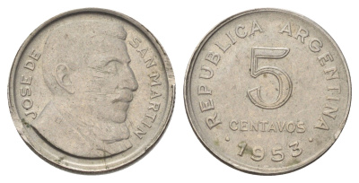 Аргентина 5 сентаво 1953 генерал Хосе де Сан Мартин KM 46 медно-никель 44-1146