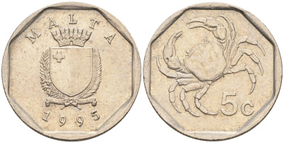Мальта 5 центов 1993 краб KM 95 медно-никель 4588-127