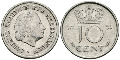 Нидерланды 10 центов 1951 Юлиана (1949-1980) KM 182 никель 96-438