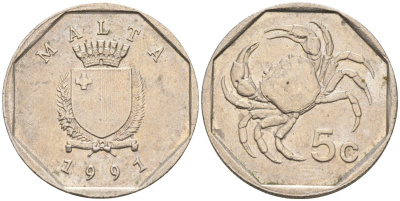 Мальта 5 центов 1991 краб KM 95 медно-никель 4547-1265