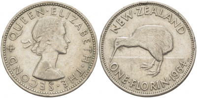 Новая Зеландия 1 флорин 1964 Елизавета II (1952-2022), птичка киви KM 28.2 медно-никель 00-00