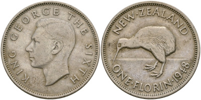 Новая Зеландия 1 флорин 1948 Георг VI (1937-1952), птичка киви, первый год KM 18 медно-никель 4137-546