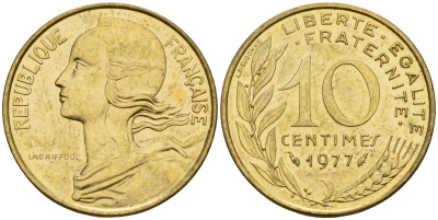 Франция 10 сантимов 1977 тип Marianne KM 929 медь-алюминий-никель    4189-236