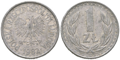Польша 1 злотый 1982 MW Y 49.1 алюминий 4616-1211