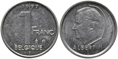 БЕЛЬГИЯ 1 ФРАНК 1997 BELGIQUE, АЛЬБЕРТ II (1993-) KM 187 железо плакированное никелем 99-1228