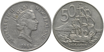 Новая Зеландия 50 центов 1986 Елизавета II (1952-2022), парусник Индевор KM 63 медно-никель 4578-115