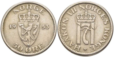 Норвегия 50 эре 1953 Хокон VII (1905-1957) KM 402 медно-никель 119-933