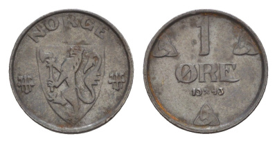 Норвегия 1 эре 1943 Хокон VII (1905-1957) KM 387 железо 4658-126