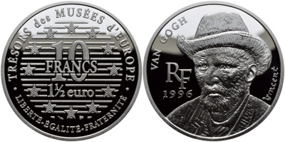 Франция 10 франков = 1 1/2 евро 1996 серия сокровища музеев Европы, Винсент Ван Гог KM 1147 серебро PROOF 1076-7-32